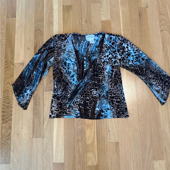Haven Bleu Tops - Vintage Y2K Haven Bleu Leopard Print Mesh Top Beaded V-Neck Bell lettuce Sleeve